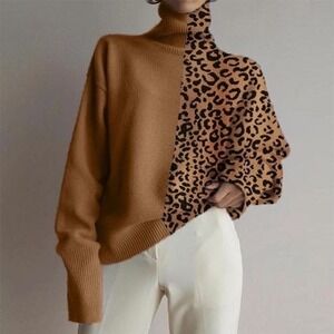 Women's Leopard Print Mock Neck Sweater Tan Brown Soft Knit Pullover Cozy‎ Fall